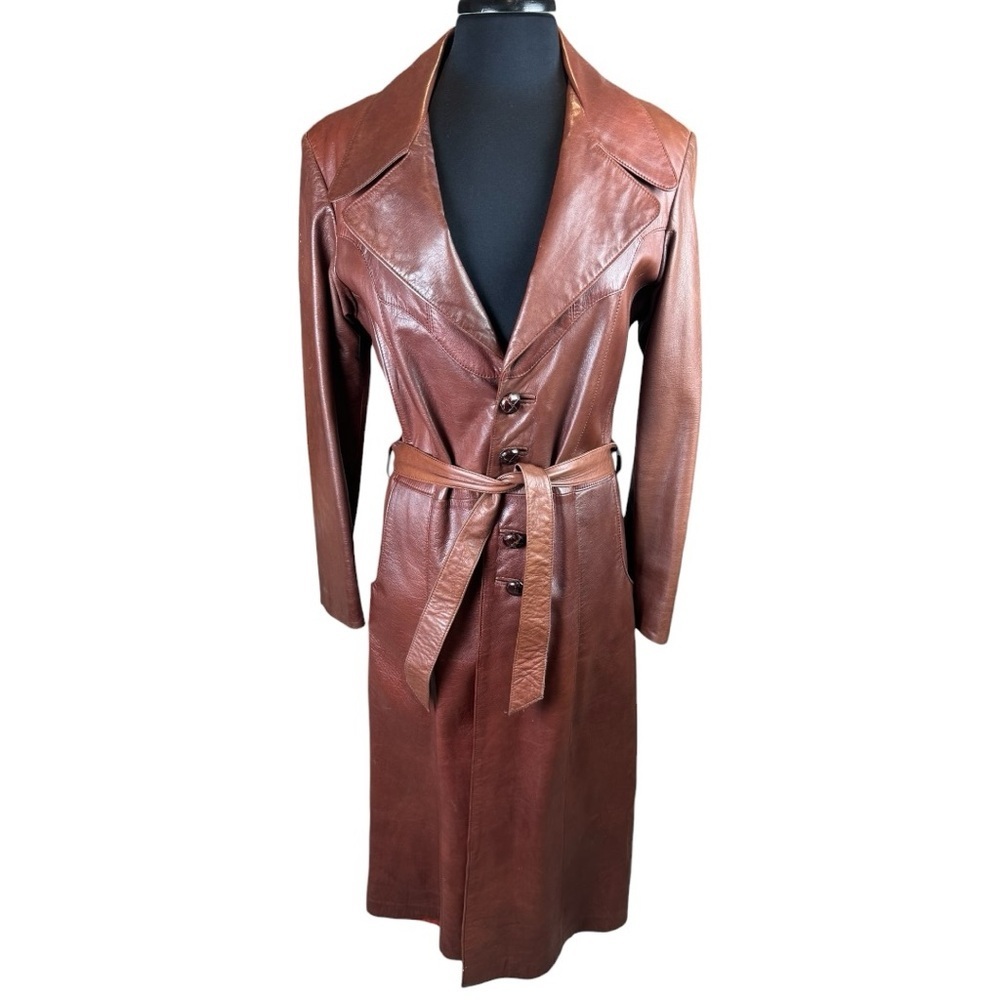 Vintage 1970s Crae Carlyle Cognac Leather Editorial Longline Maxi Coat Size 38 - Picture 2 of 15